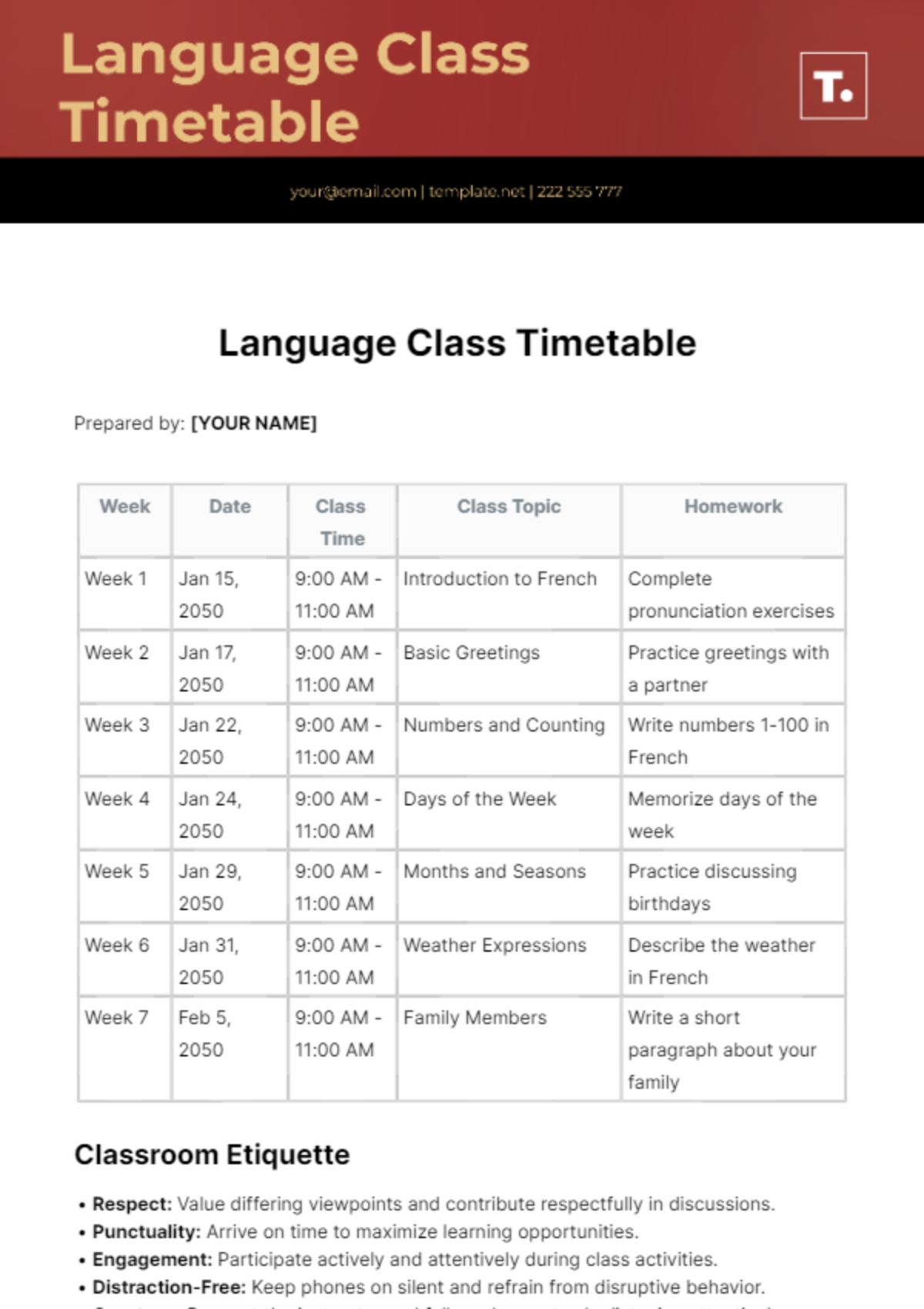 Language Class Timetable Template  - Edit Online & Download