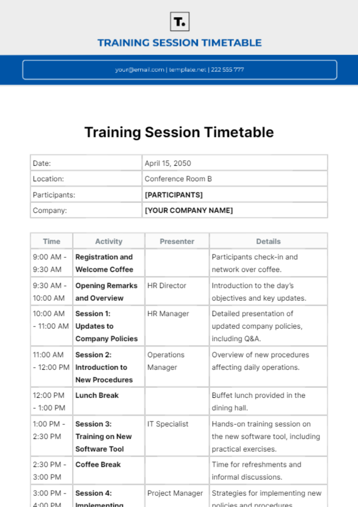 Free Training Session Timetable Template