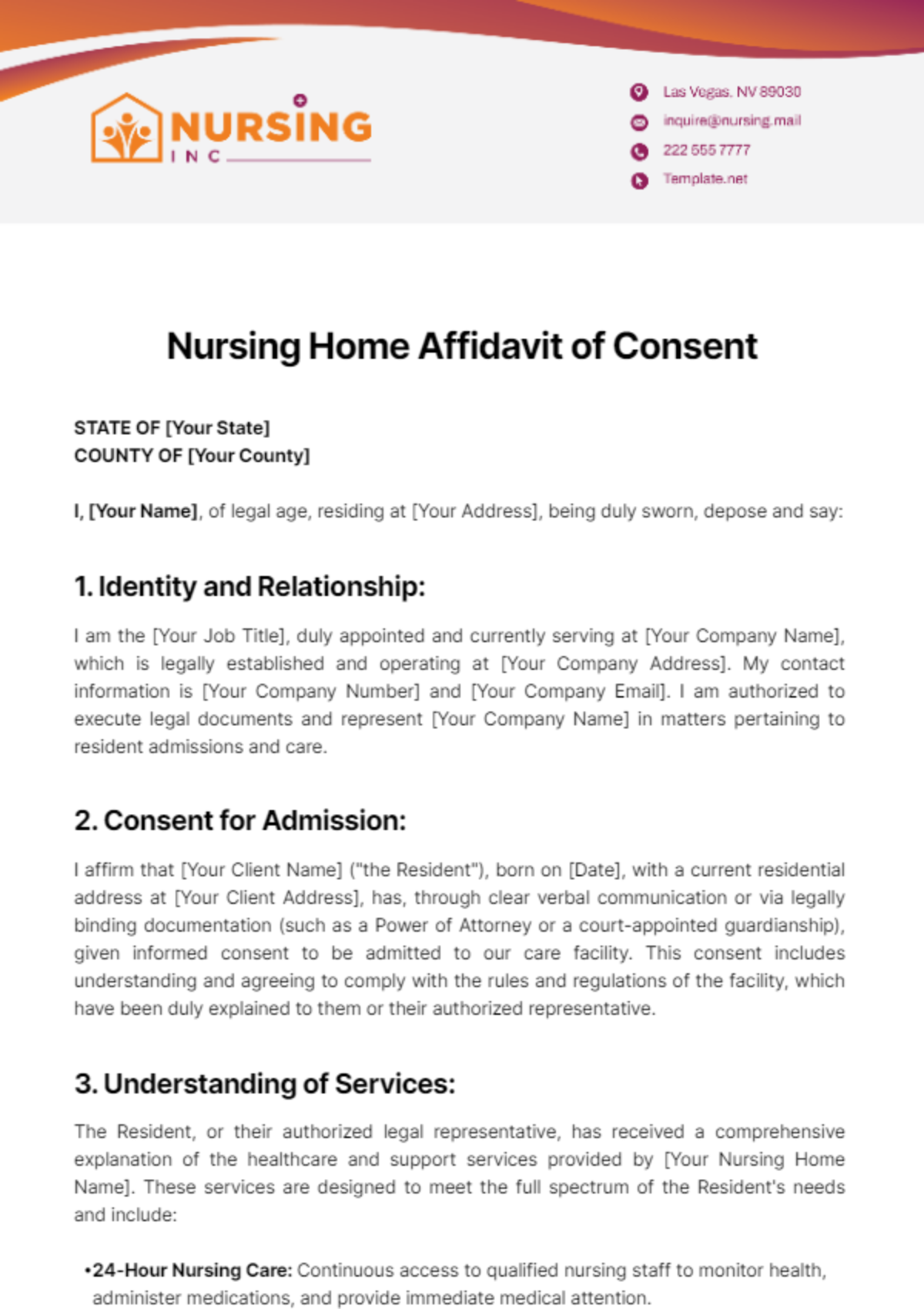 Free Nursing Home Affidavit of Consent Template