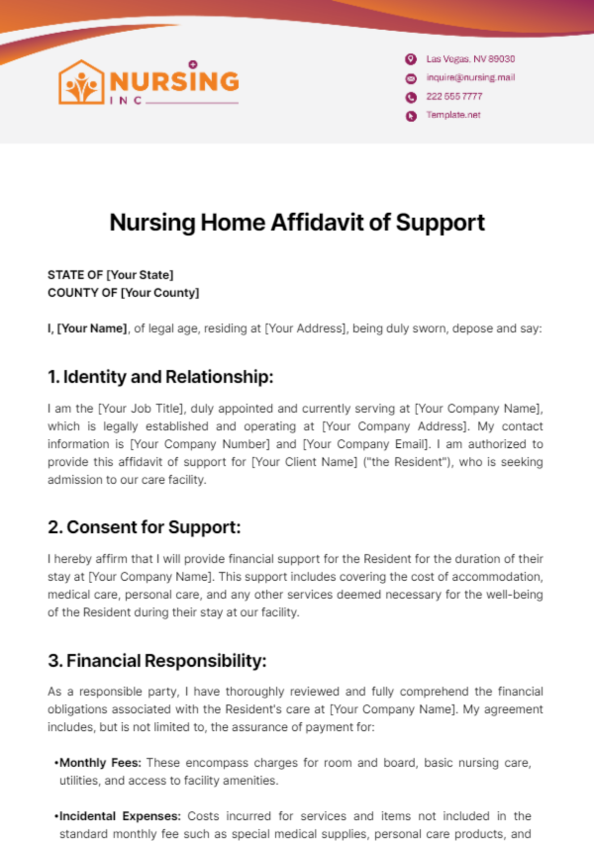 Free Nursing Home Affidavit of Support Template
