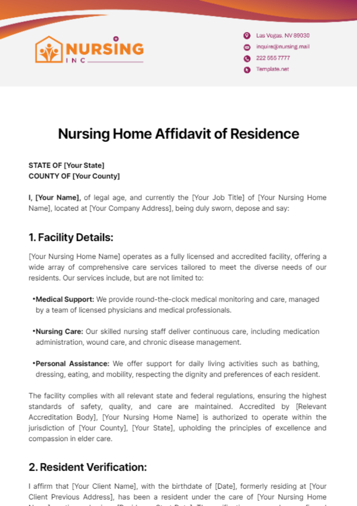 Nursing Home Affidavit of Residence Template