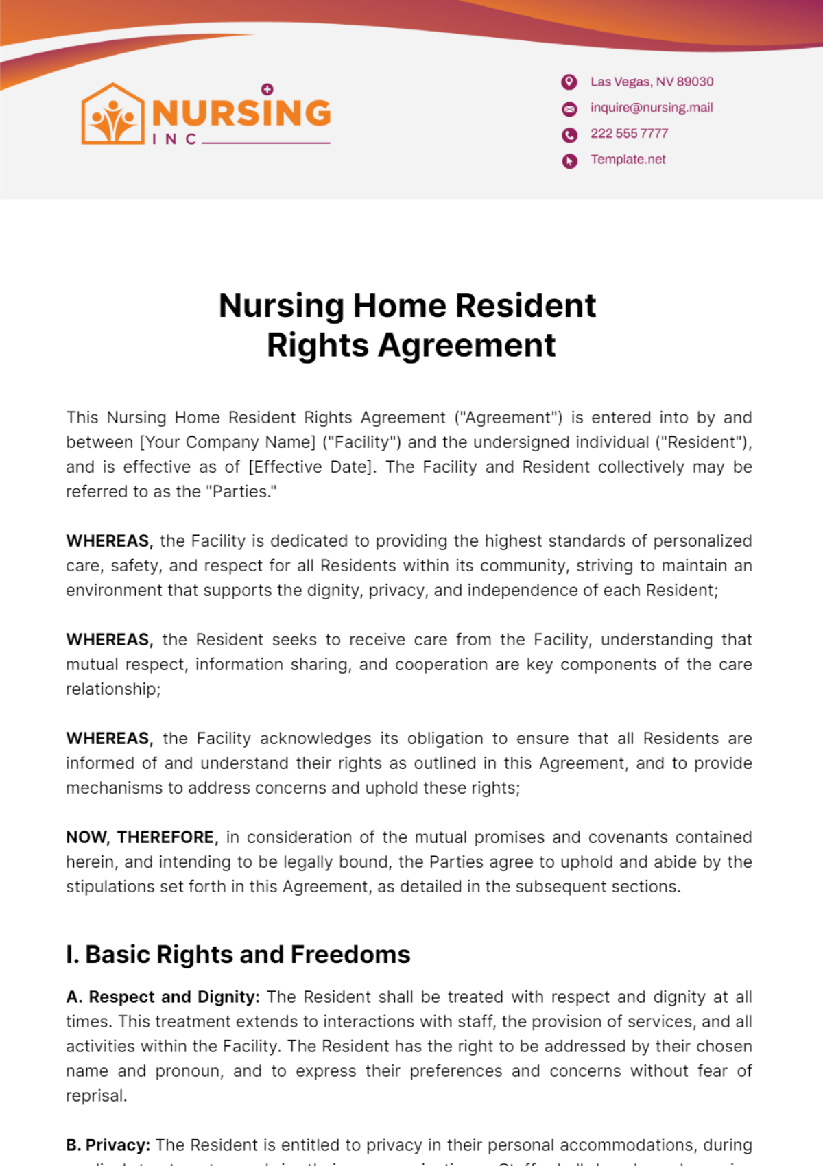 Nursing Home Resident Rights Agreement Template