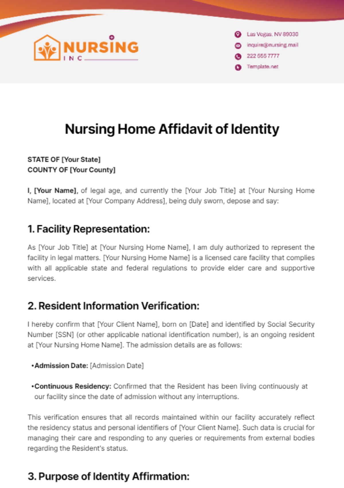 Nursing Home Affidavit of Identity Template