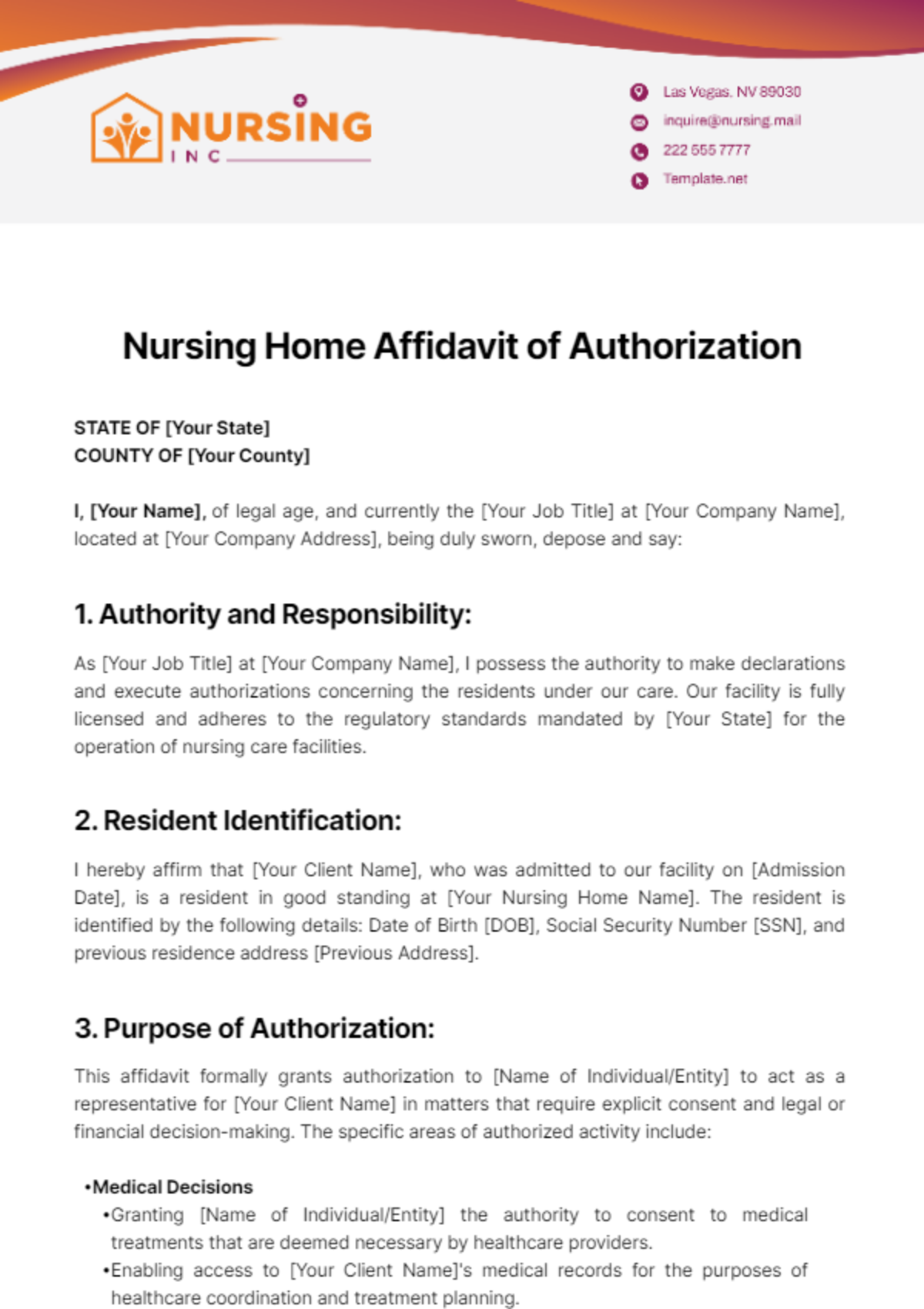 Nursing Home Affidavit of Authorization Template