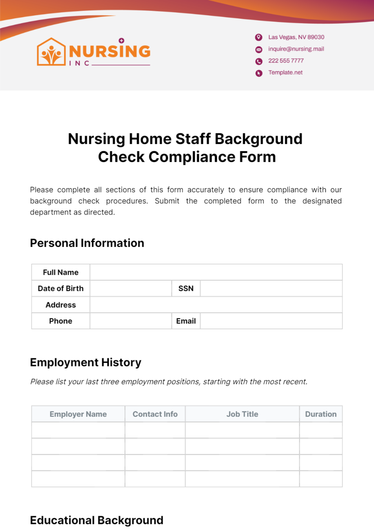 Nursing Home Staff Background Check Compliance Form Template