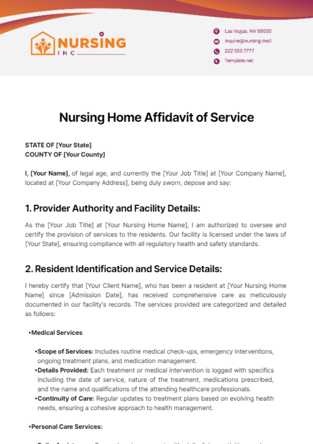 Nursing Home Affidavit of Service Template