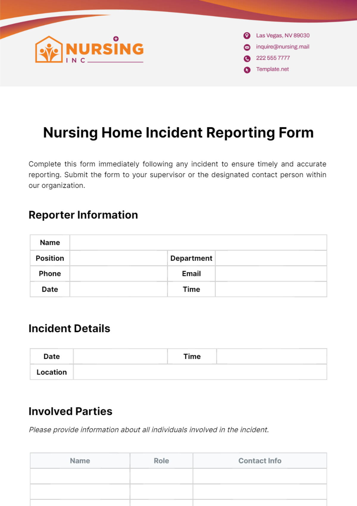 Free Nursing Home Incident Reporting Form Template
