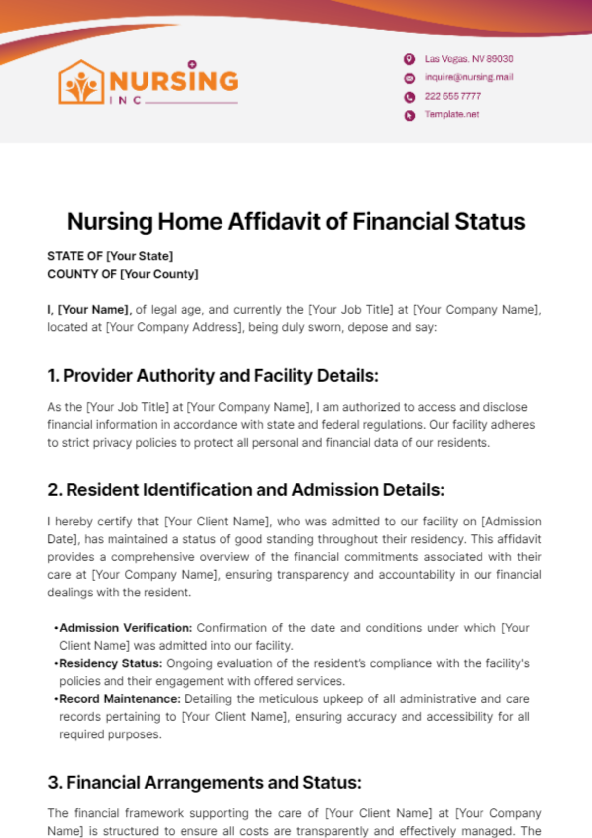 Nursing Home Affidavit of Financial Status Template