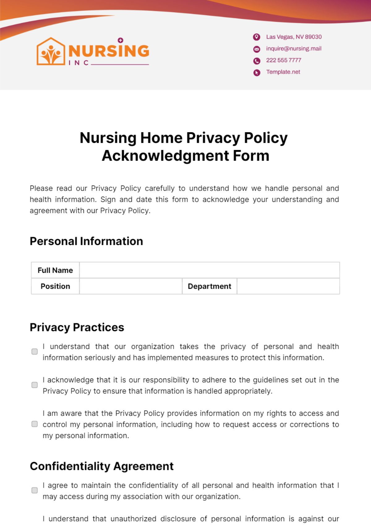 Nursing Home Privacy Policy Acknowledgment Form Template