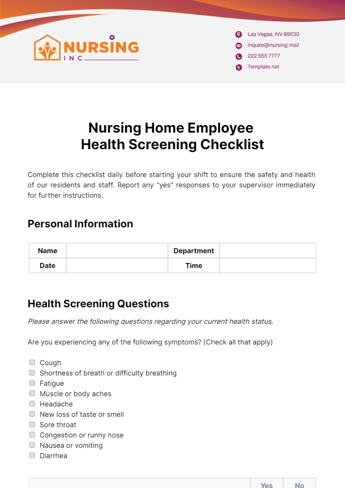 Free Nursing Home Employee Health Screening Checklist Template