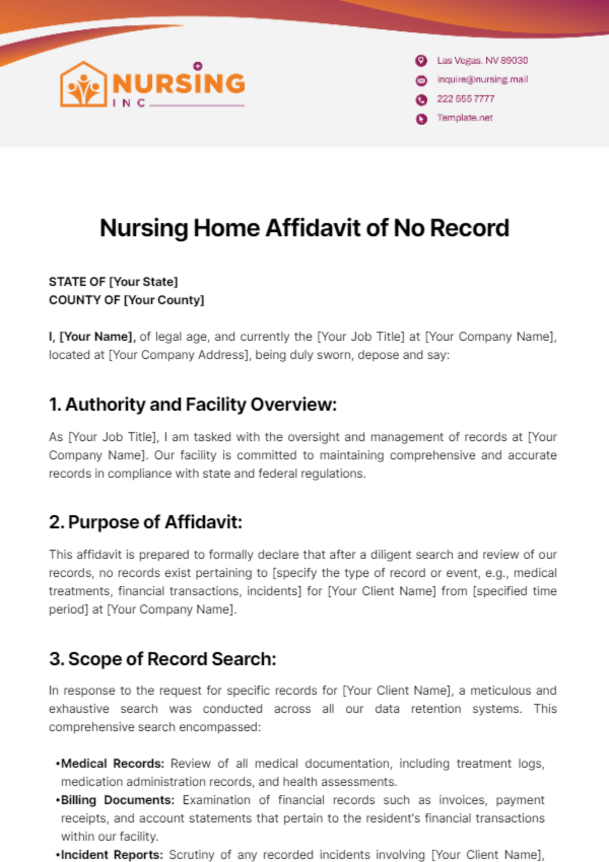 Nursing Home Affidavit of No Record Template