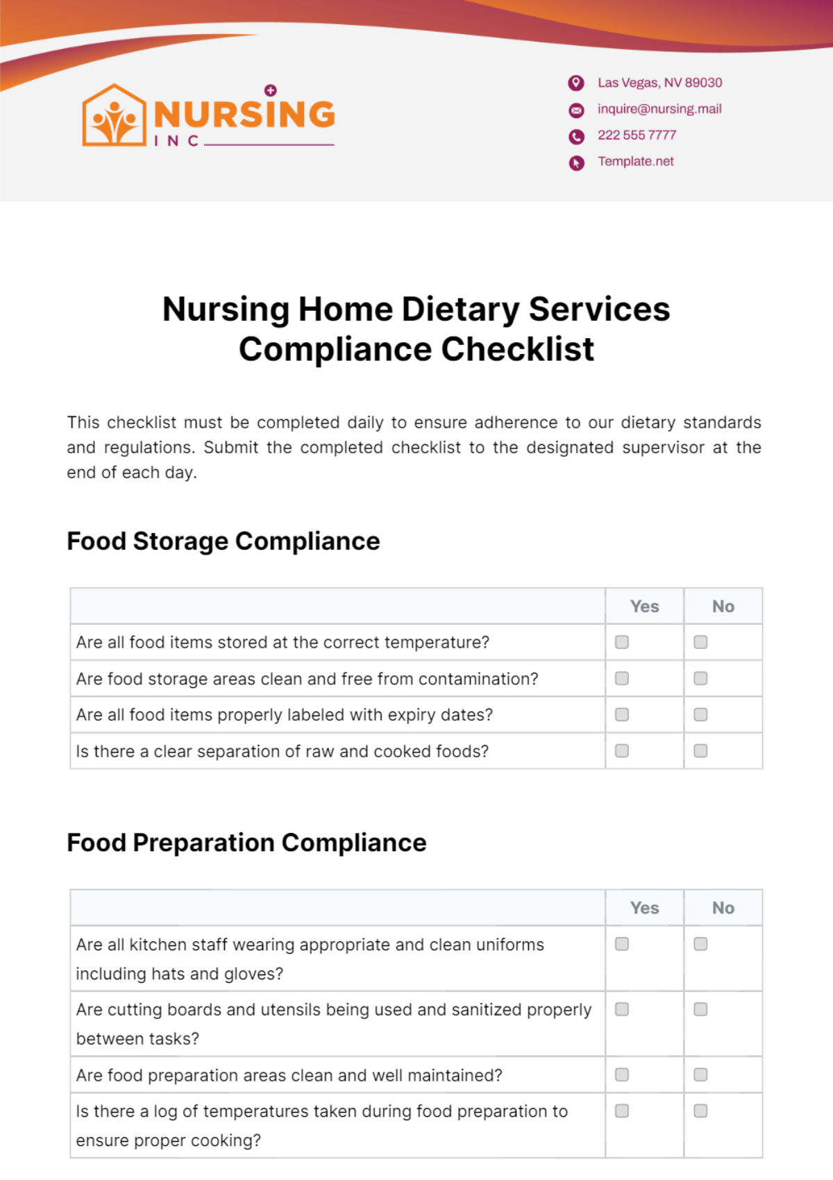 Nursing Home Dietary Services Compliance Checklist Template