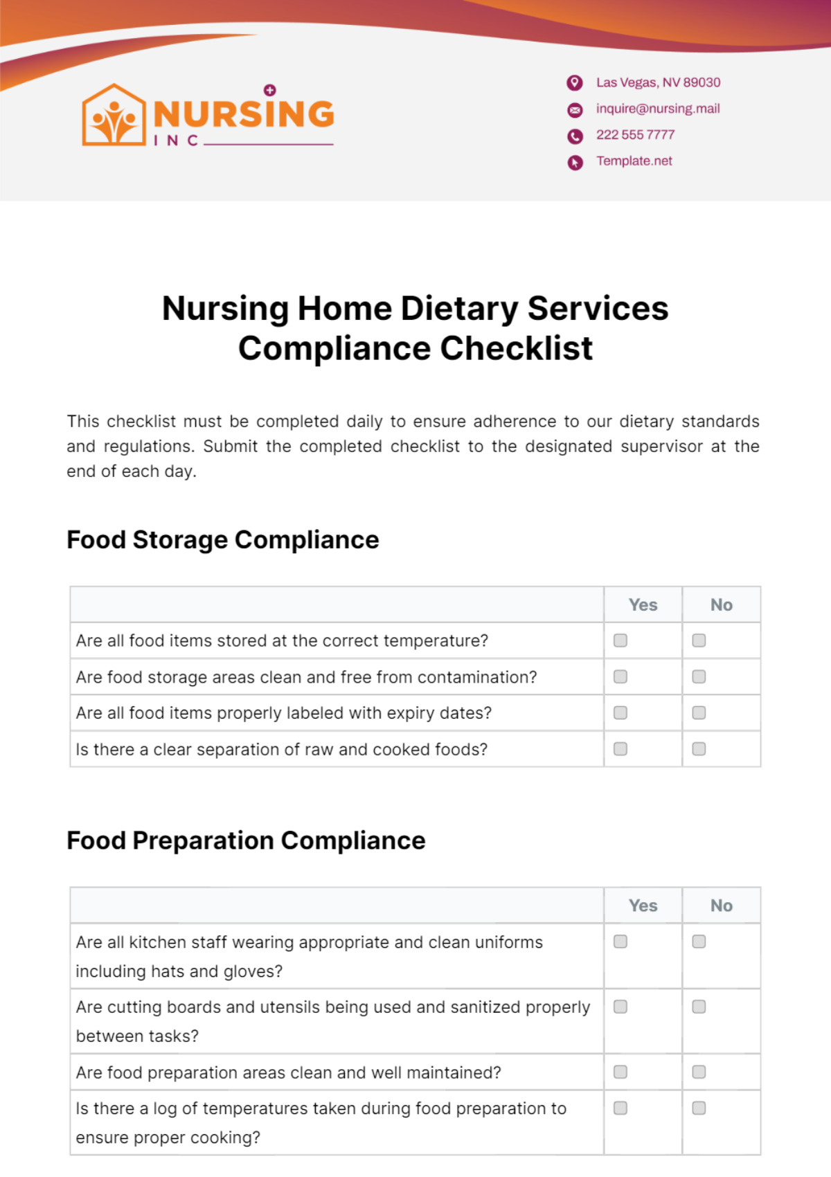 Nursing Home Dietary Services Compliance Checklist Template - Edit Online & Download