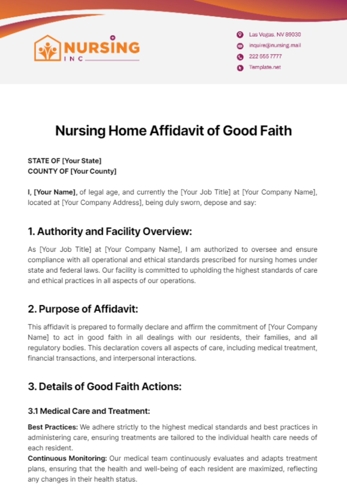 Nursing Home Affidavit of Good Faith Template