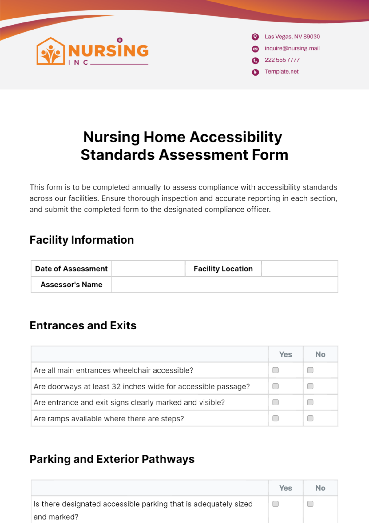 Free Nursing Home Accessibility Standards Assessment Form Template