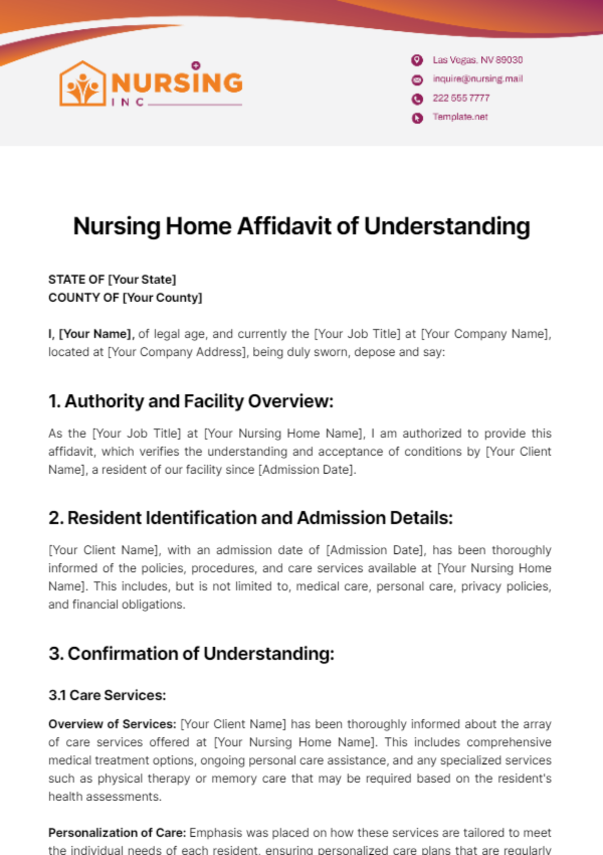 Free Nursing Home Affidavit of Understanding Template