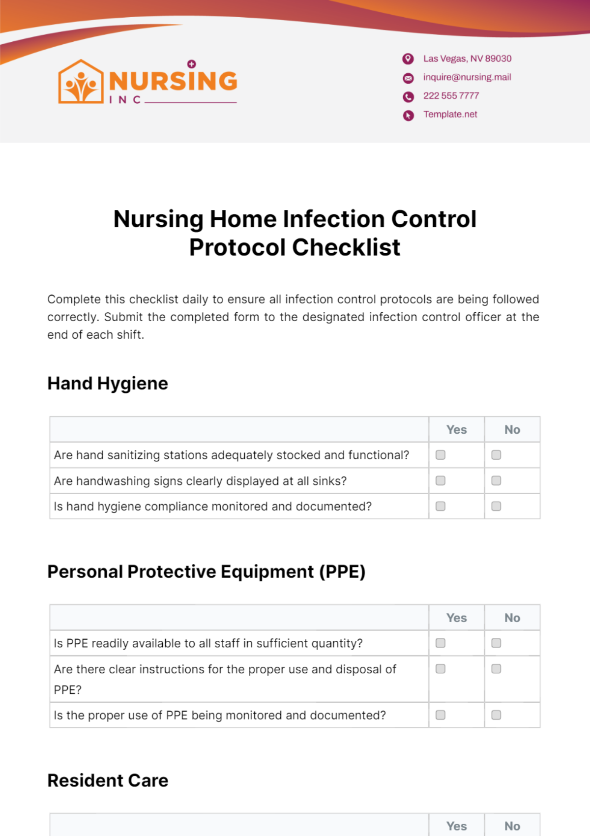 Nursing Home Infection Control Protocol Checklist Template