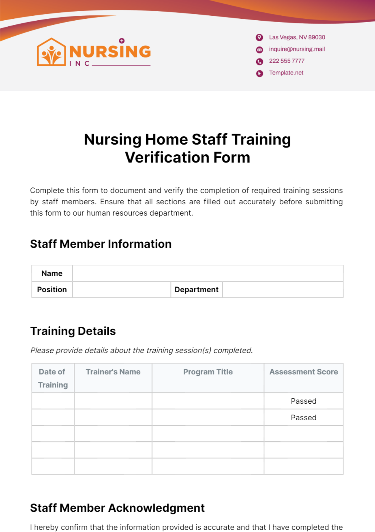 Free Nursing Home Staff Training Verification Form Template