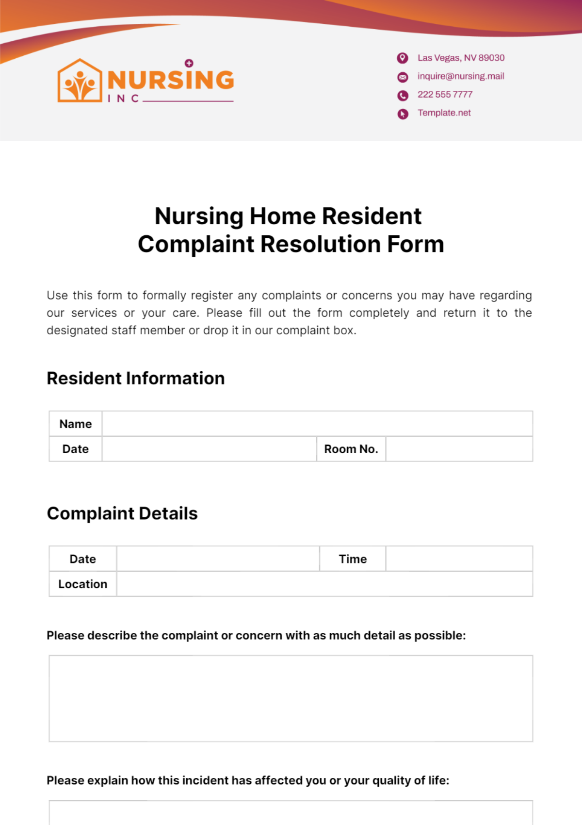Nursing Home Resident Complaint Resolution Form Template