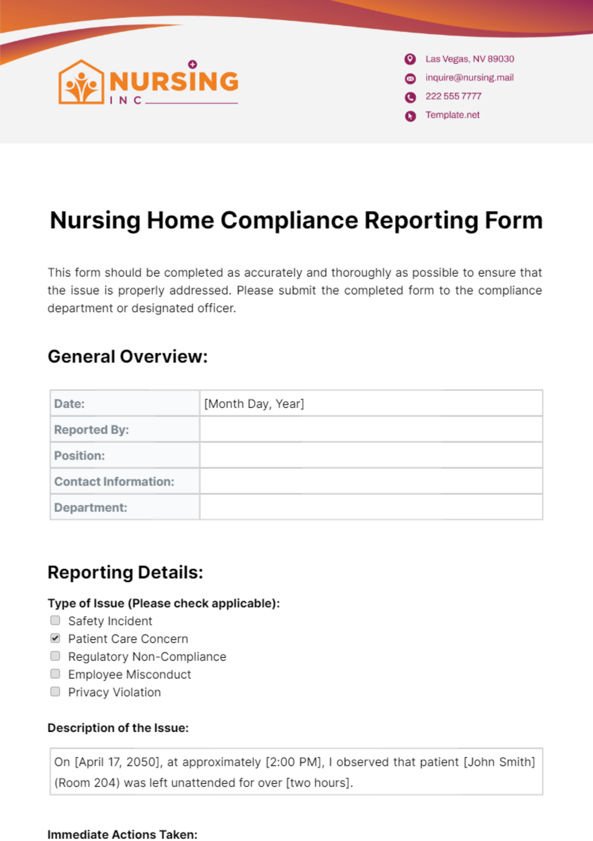 Free Nursing Home Compliance Reporting Form Template