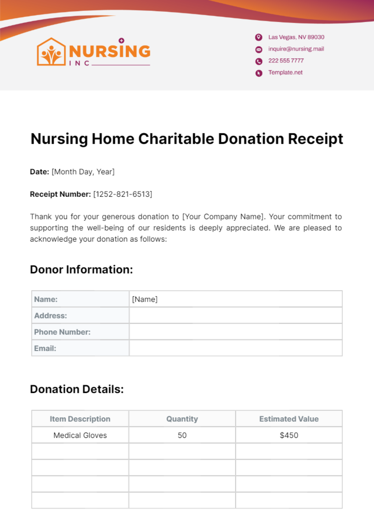 Nursing Home Charitable Donation Receipt Template