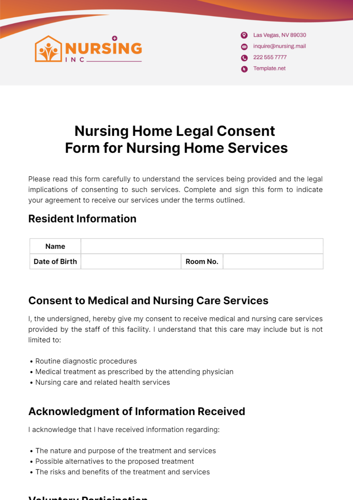 Free Nursing Home Legal Consent Forms for Nursing Home Services Template