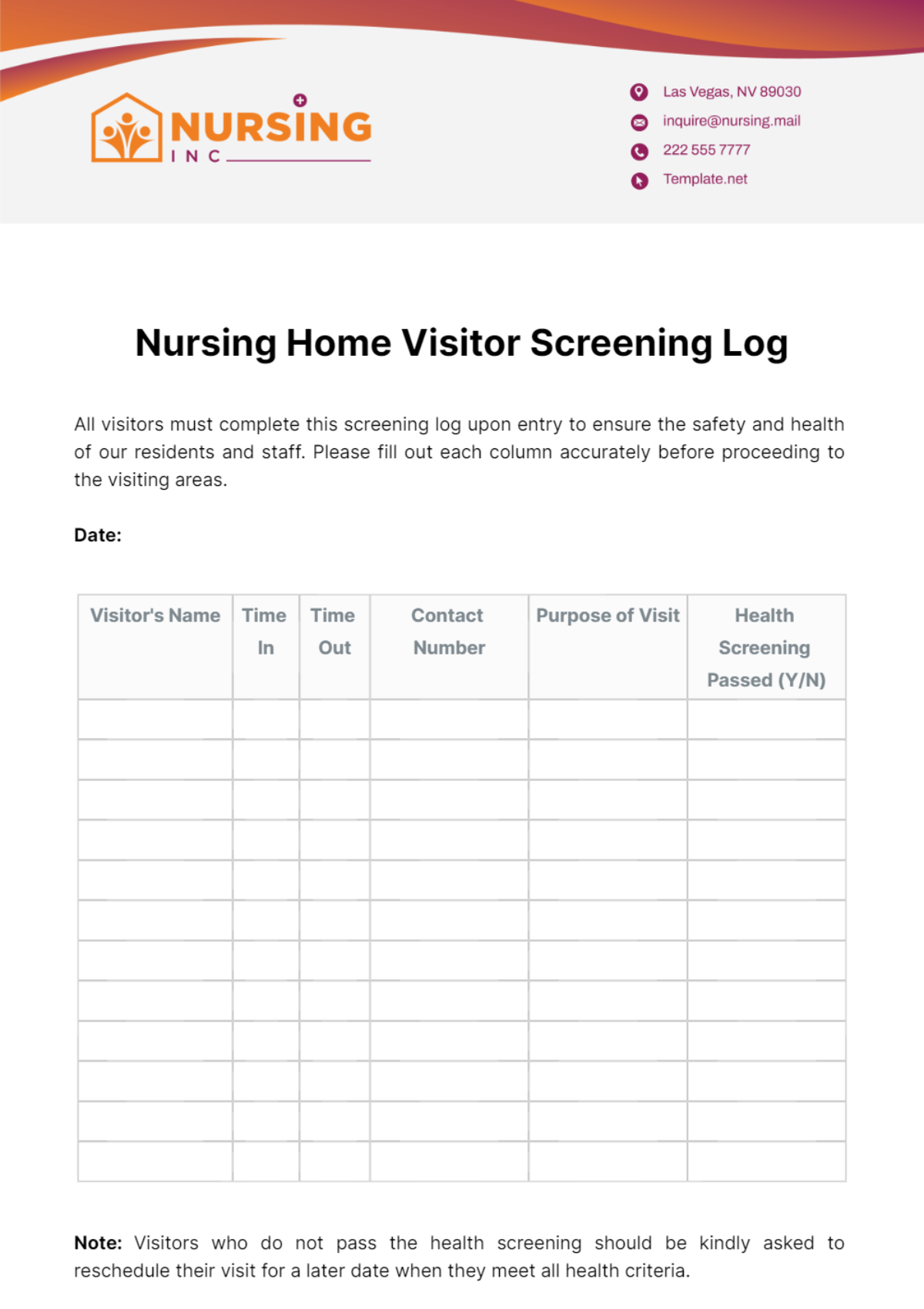 Nursing Home Visitor Screening Log Template
