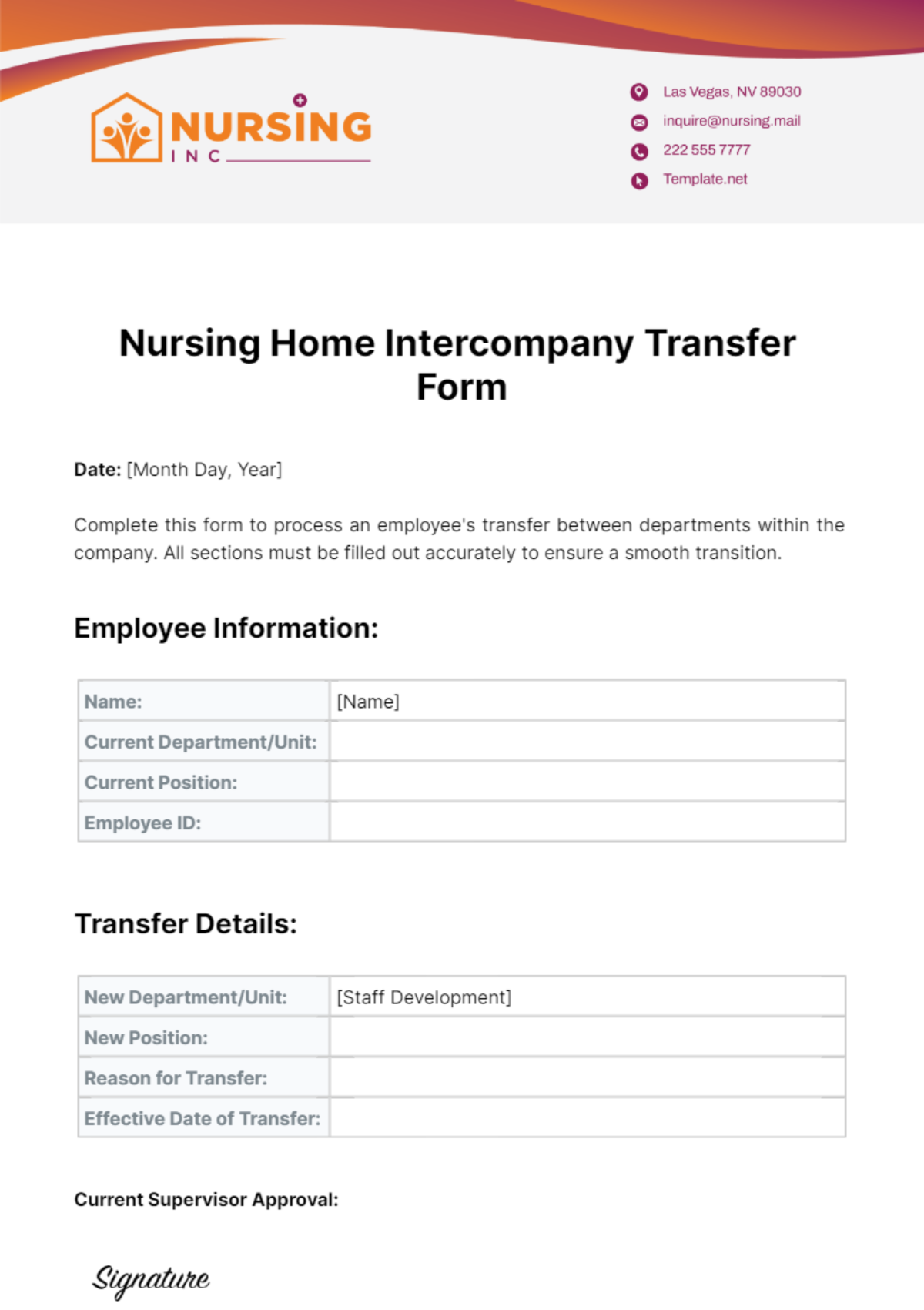 Free Nursing Home Intercompany Transfer Form Template