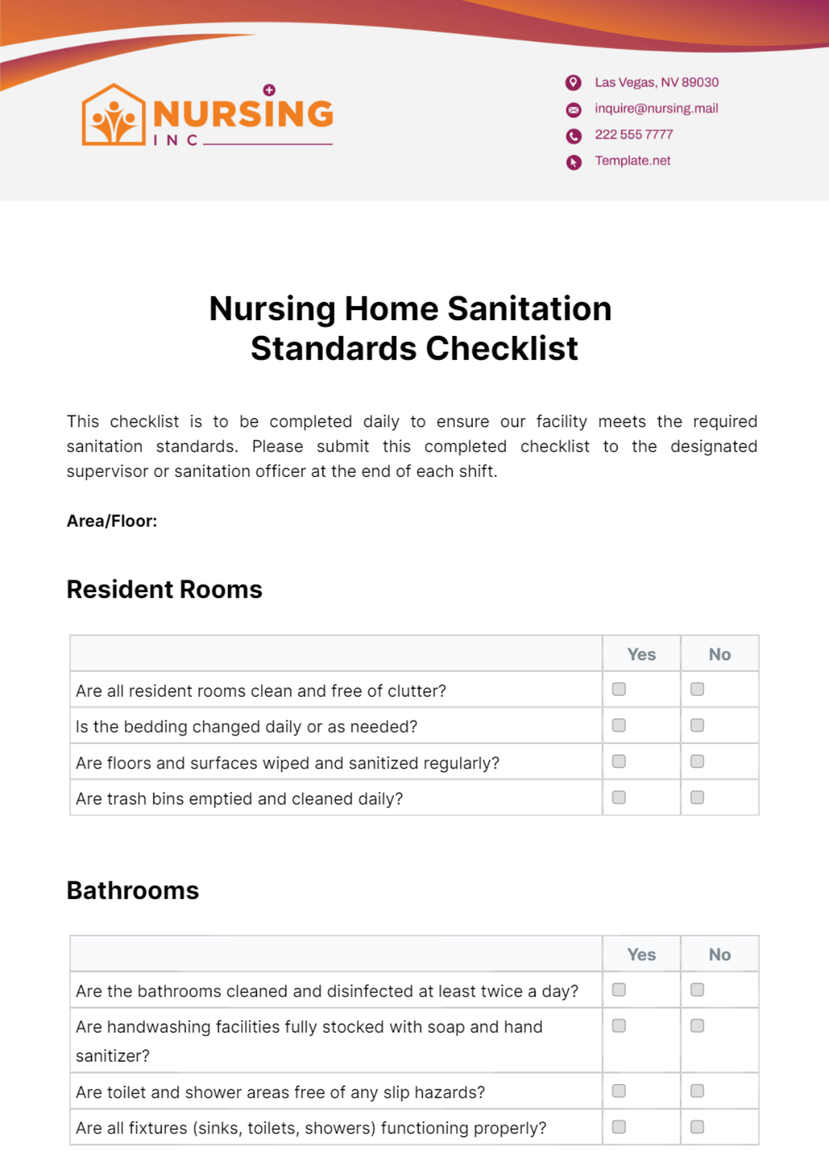Nursing Home Sanitation Standards Checklist Template