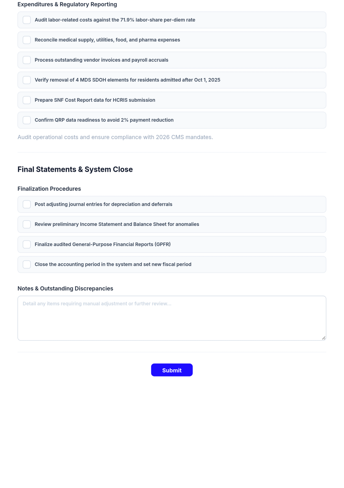 Free Nursing Home Year-end Financial Closing Checklist Template & AI Maker