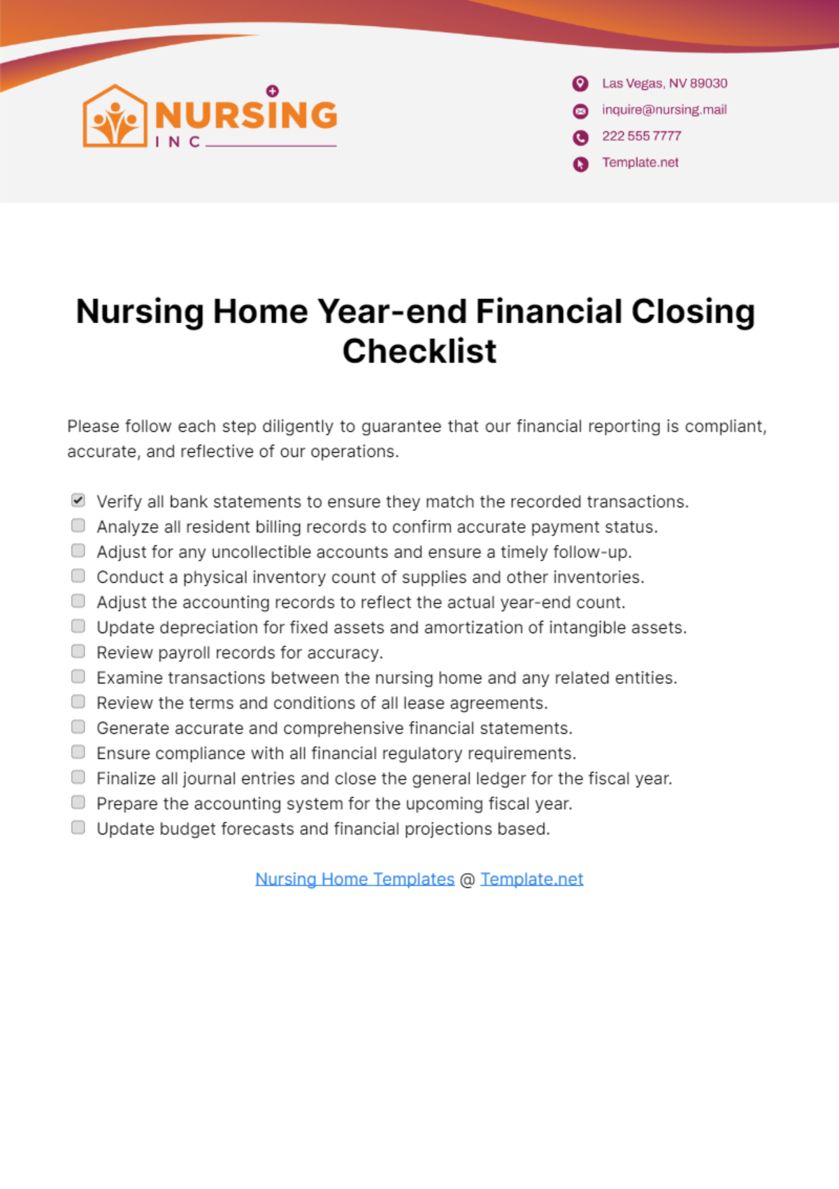 Free Nursing Home Year-end Financial Closing Checklist Template