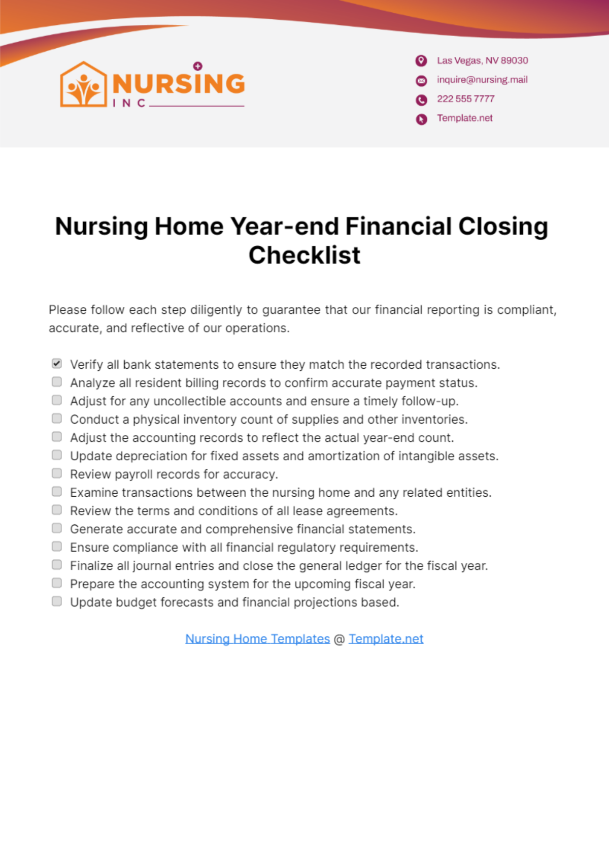 Nursing Home Year-end Financial Closing Checklist Template - Edit Online & Download