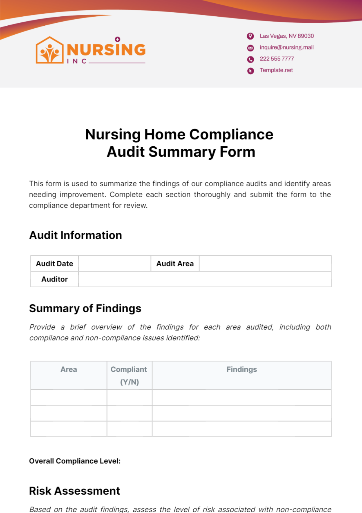 Nursing Home Compliance Audit Summary Form Template
