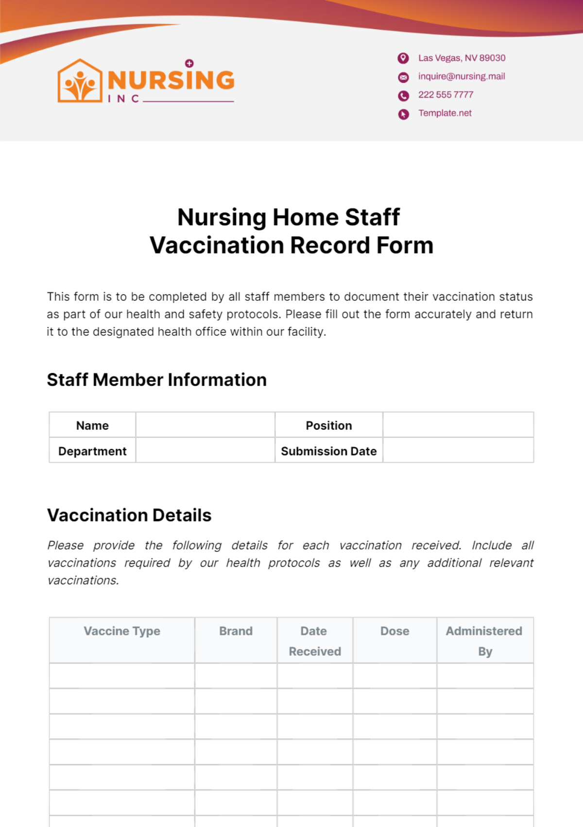 Free Nursing Home Staff Vaccination Record Form Template