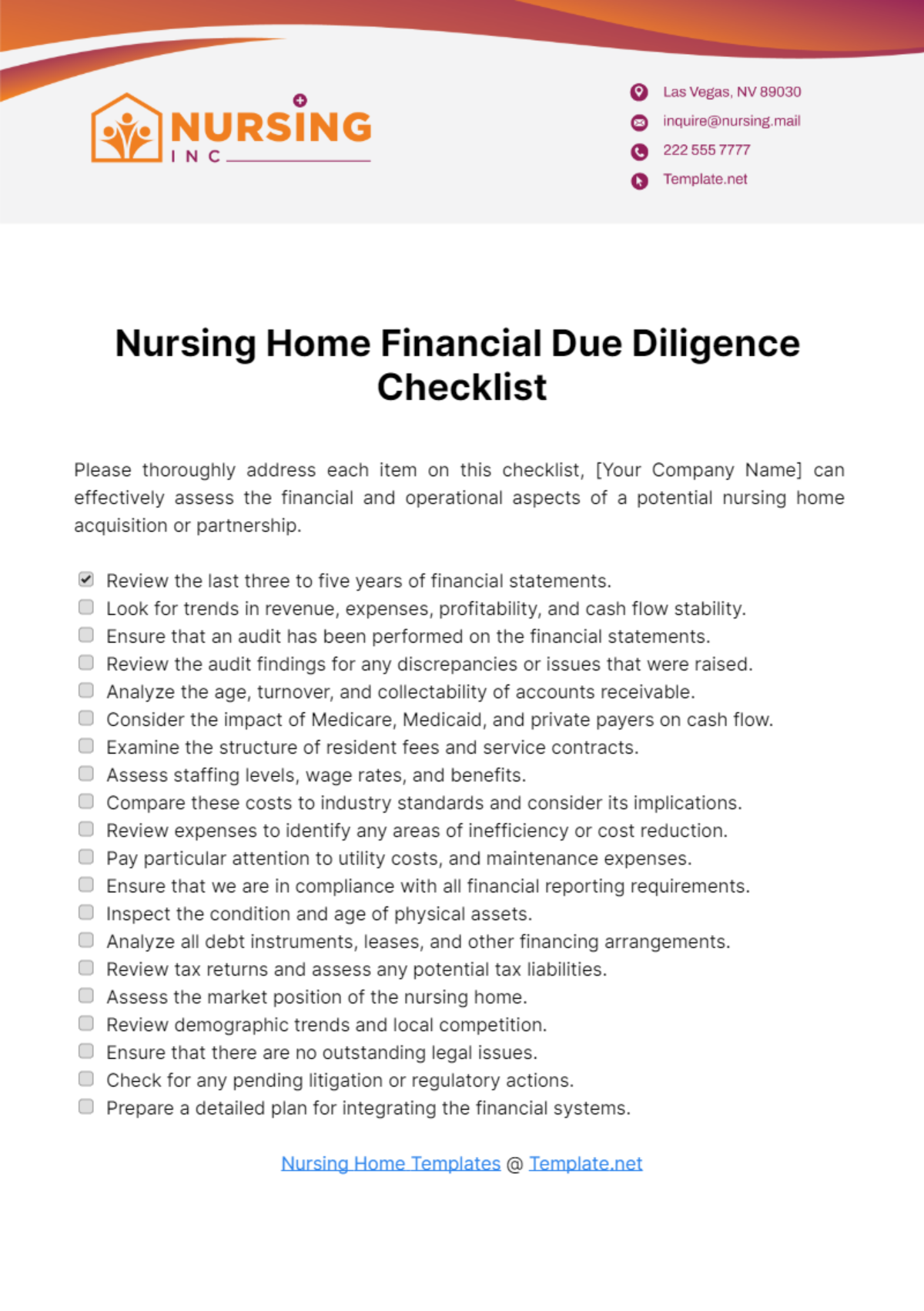 Nursing Home Financial Due Diligence Checklist Template
