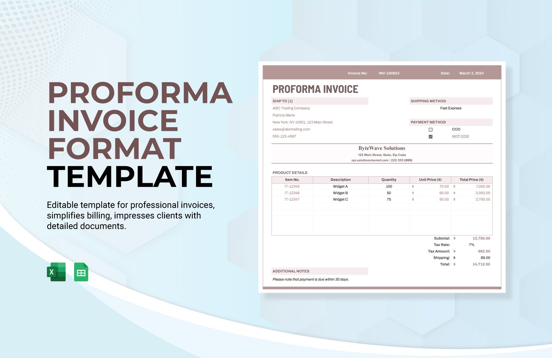 Proforma Invoice Format Template in Excel, Google Sheets