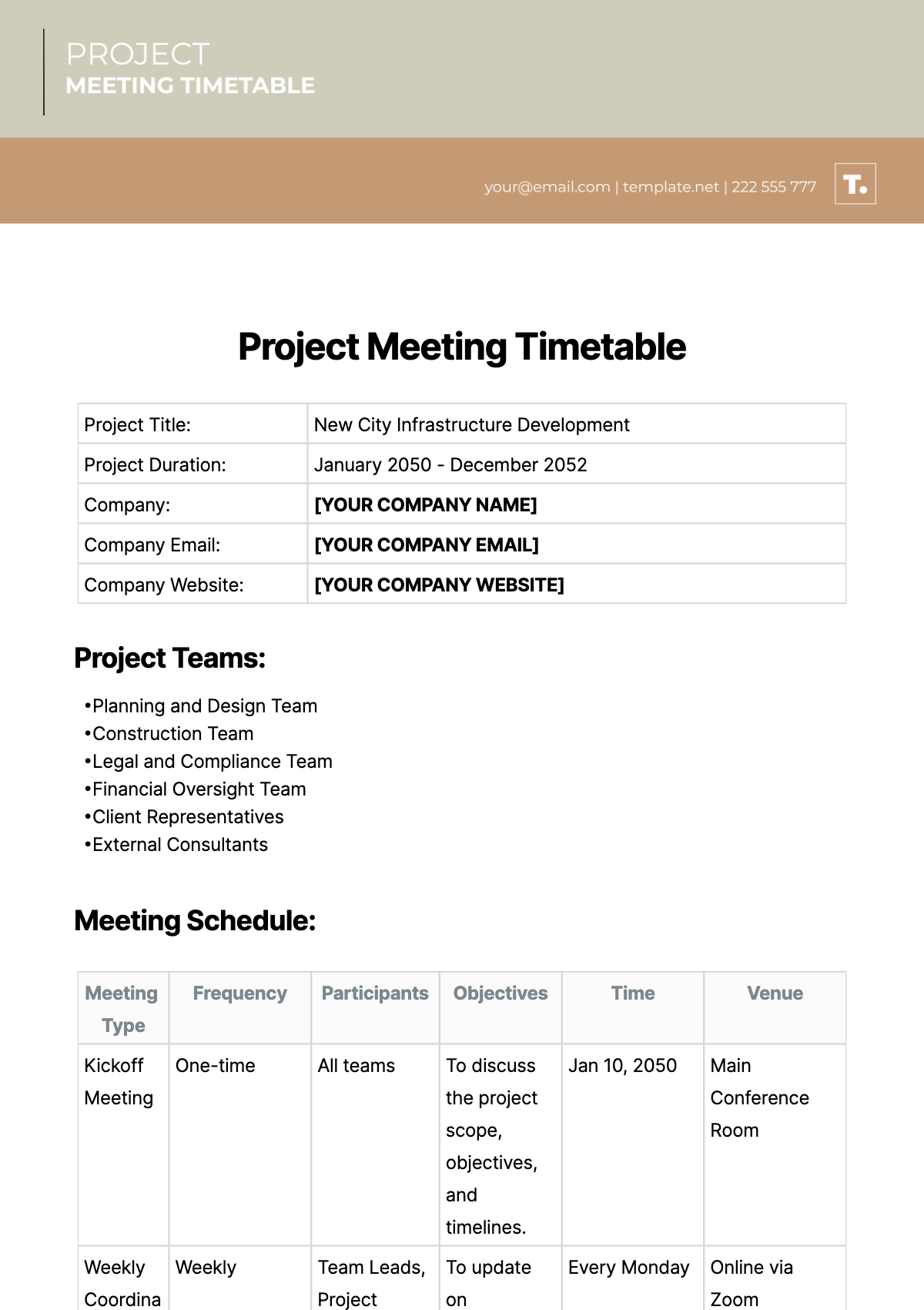 Project Meeting Timetable Template