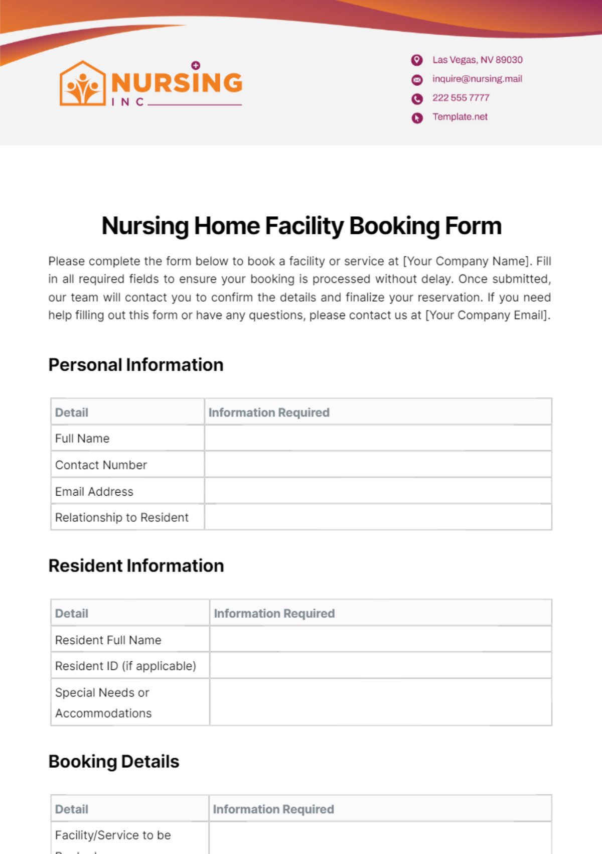 Nursing Home Facility Booking Form Template