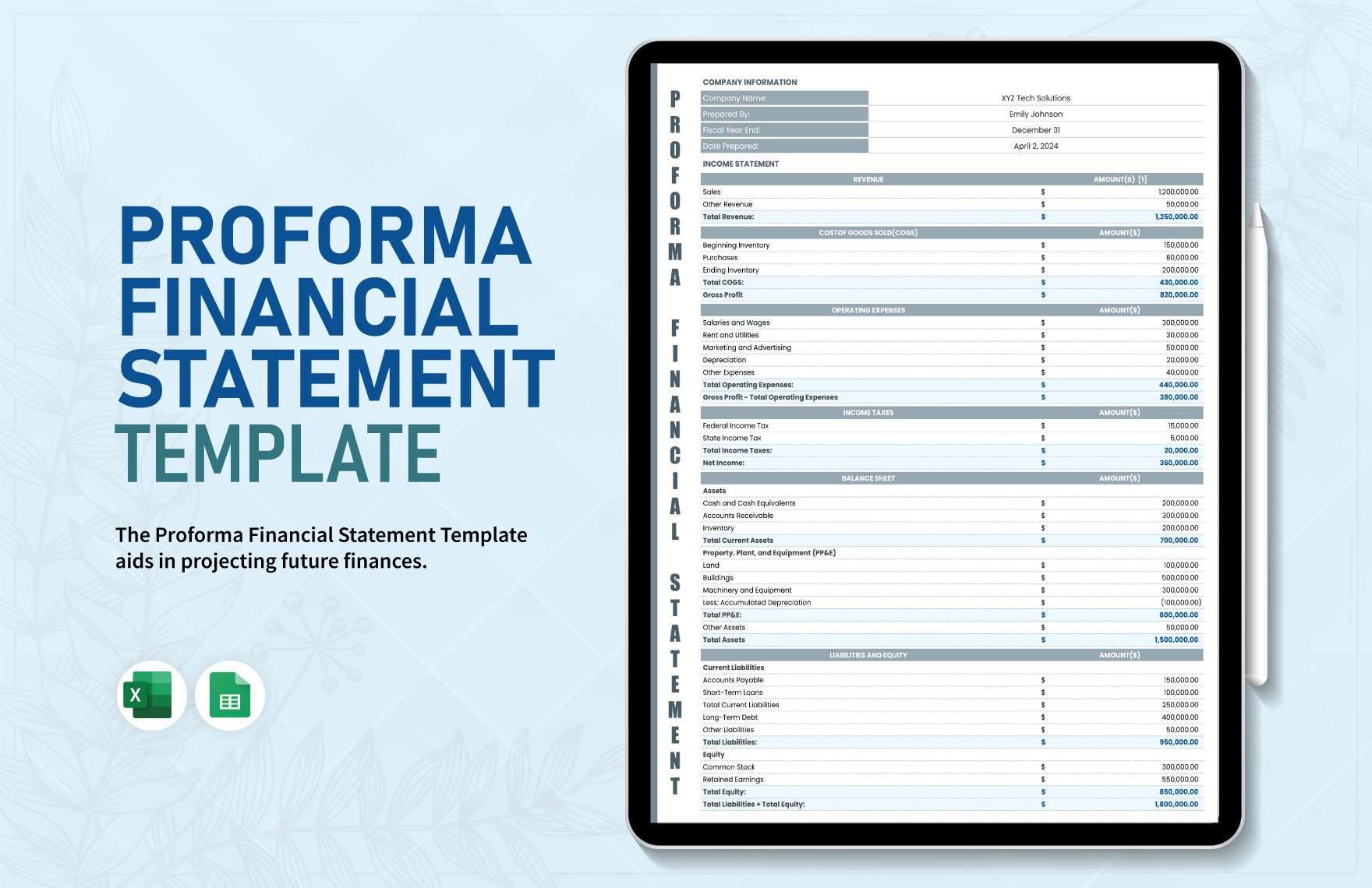 Proforma Financial Statement Template in Excel, Google Sheets