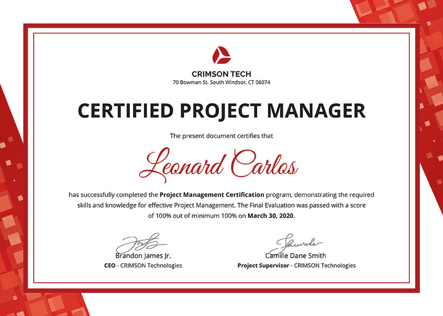 Professional Project Management Certificate Template