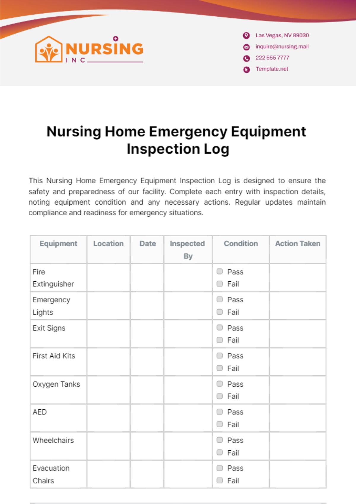 Free Nursing Home Emergency Equipment Inspection Log Template