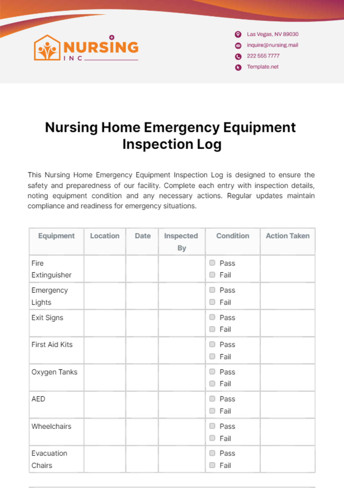 Nursing Home Emergency Equipment Inspection Log Template - Edit Online & Download