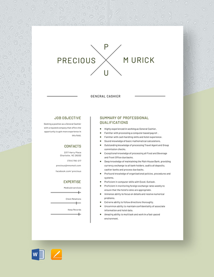 Free General Cashier Resume Template - Word, Apple Pages