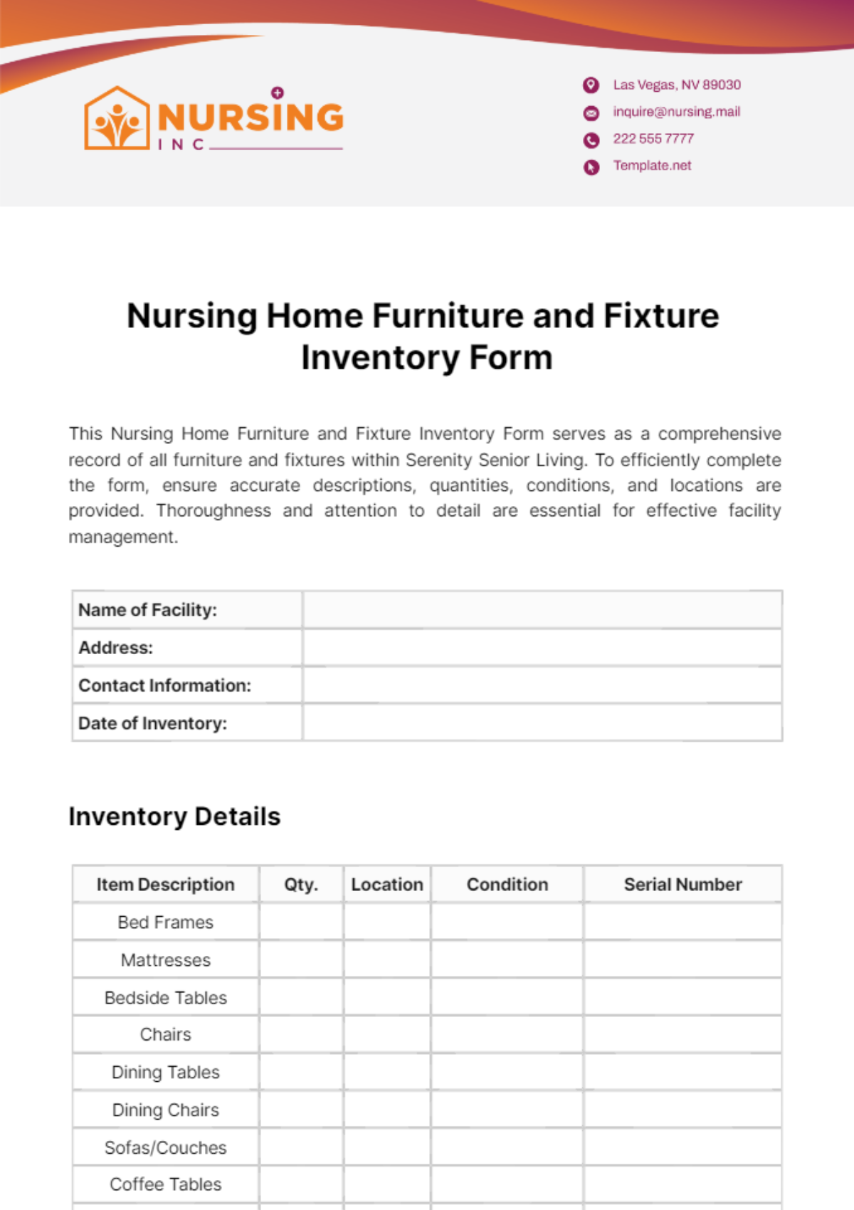 Free Nursing Home Furniture and Fixture Inventory Form Template