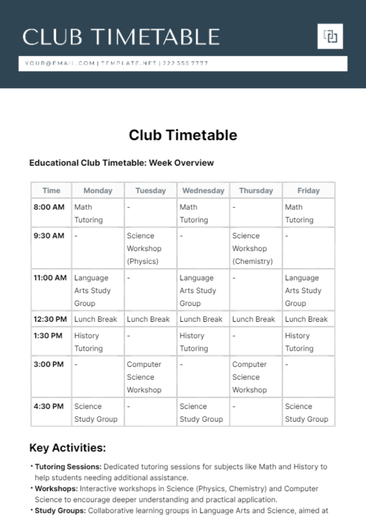 Free Club Timetable Template