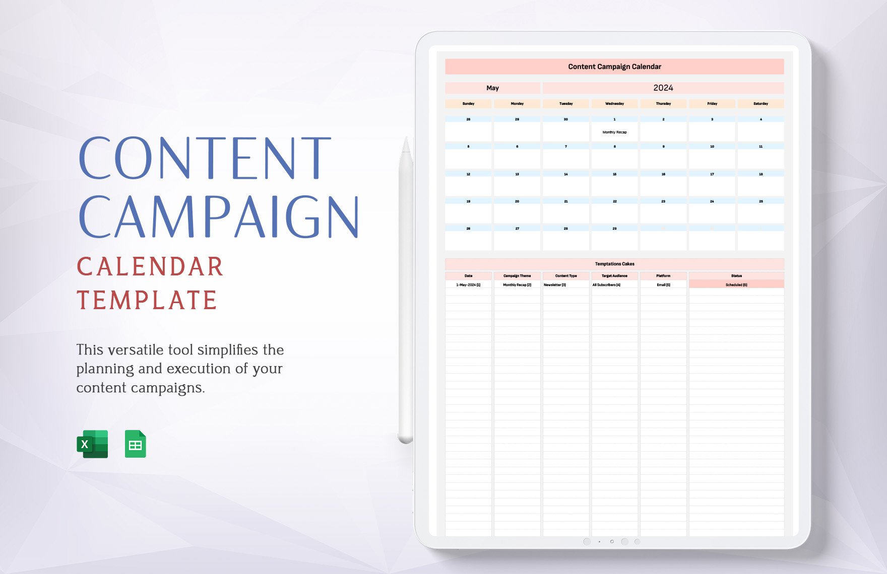 Content Campaign Calendar Template in Excel, Google Sheets