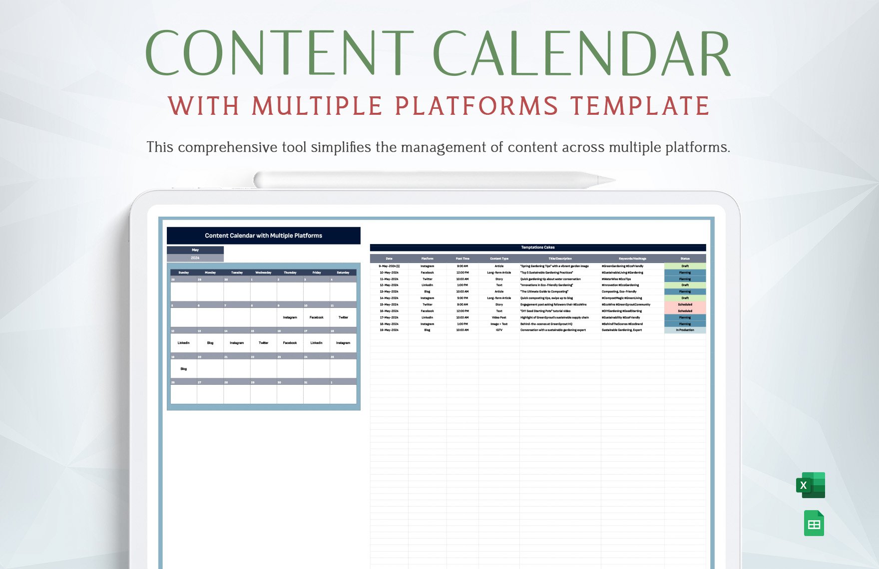 Content Calendar with Multiple Platforms Template in Excel, Google Sheets