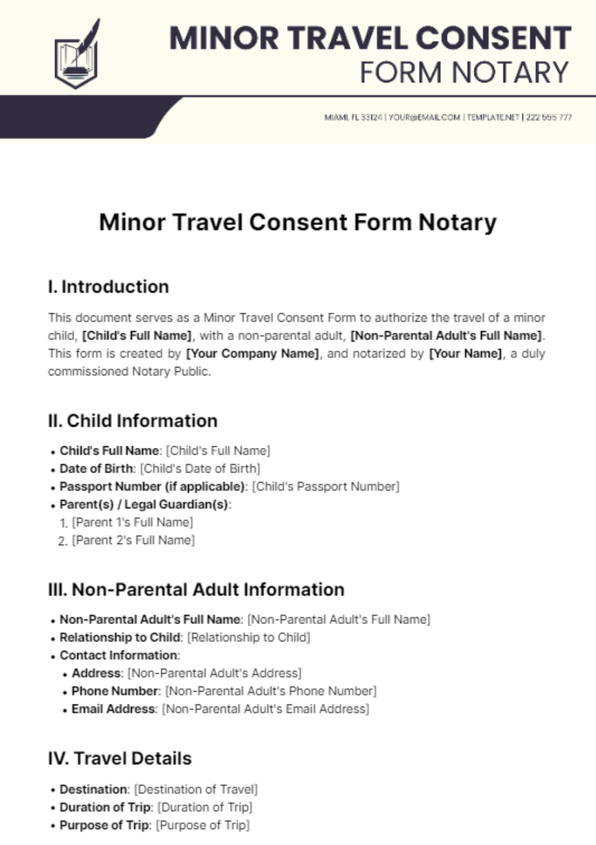 Free Minor Travel Consent Form Notary Template