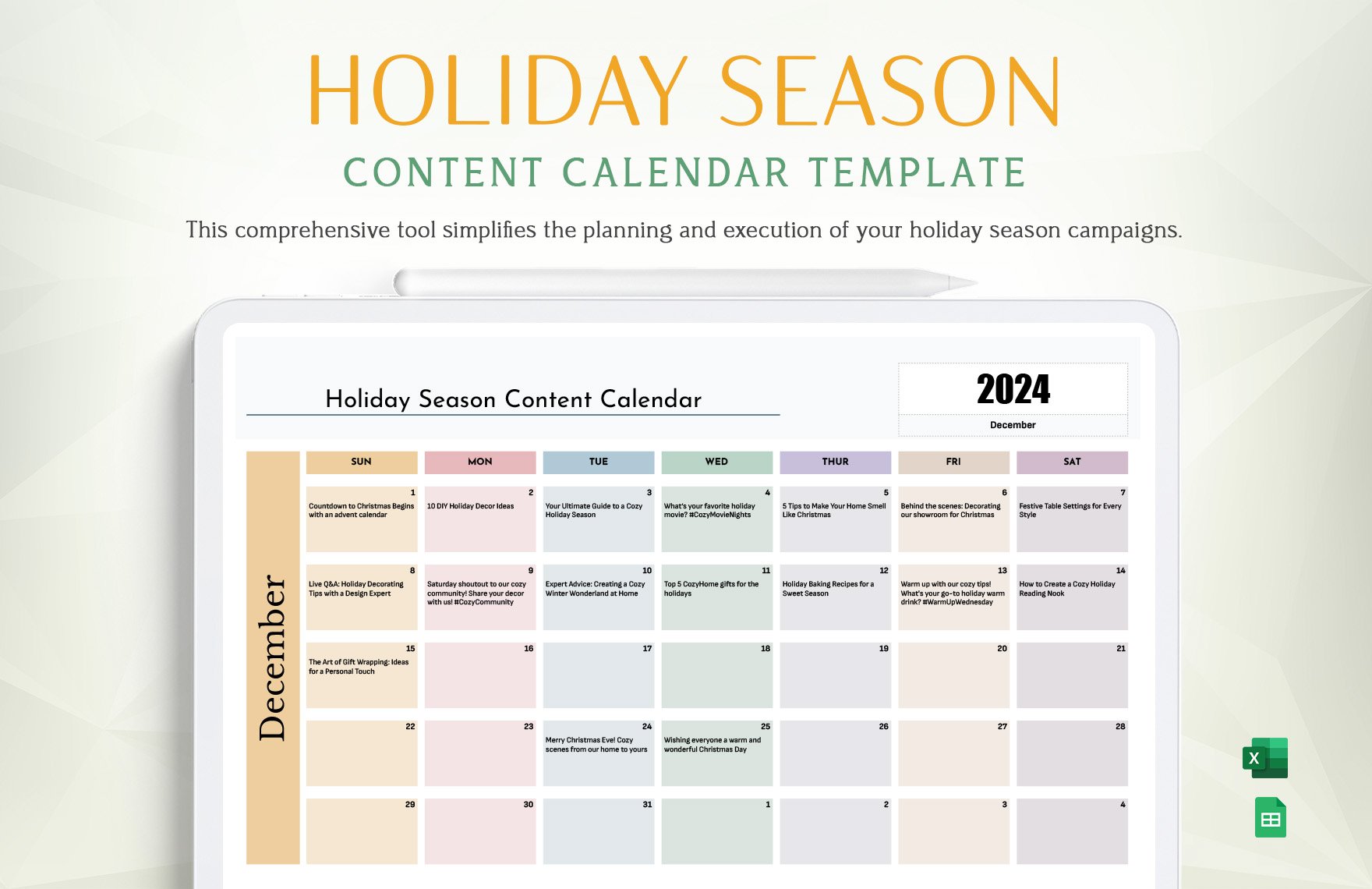 Holiday Season Content Calendar Template in Excel, Google Sheets