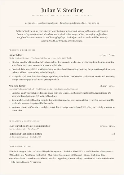Free Editorial ATS Resume Template, AI Resume Builder